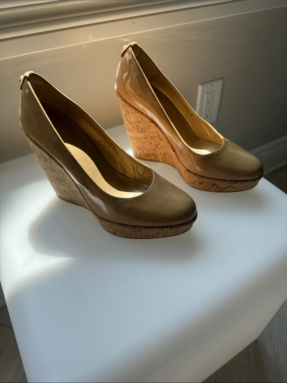 Stuart Weitzman Beige Patent Cork Wedge Pumps